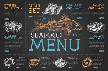 Fototapeta premium Chalk drawing seafood restaurant menu design with hand drawing fish. Vector illustration