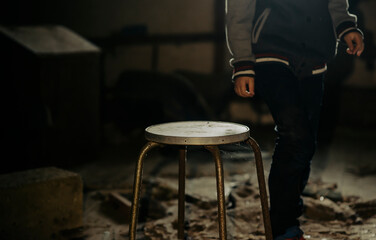 chair in an abandoned derelict building