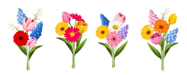 Fototapeta Bouquets of colorful spring flowers isolated on a white background. Set of vector illustrations obraz