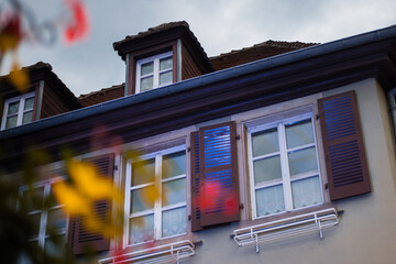 historical wooden half-timbered architecture of the Alsace town in a dusk