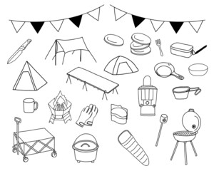 キャンプの線画イラスト素材セット