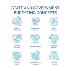 State and government budgeting turquoise concept icons set. Financial program idea thin line color illustrations. Isolated symbols. Editable stroke. Roboto-Medium, Myriad Pro-Bold fonts used