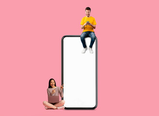 People sitting on white empty smartphone screen and using gadgets
