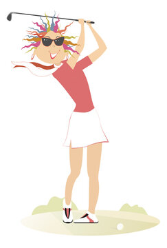 Cartoon golfer woman on the golf course illustration. Funny golfer woman in sunglasses with a golf club tries to do a good shot isolated on white background