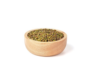 Green mung beans in wooden bowl isolated on white background.