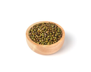 Green mung beans in wooden bowl isolated on white background.