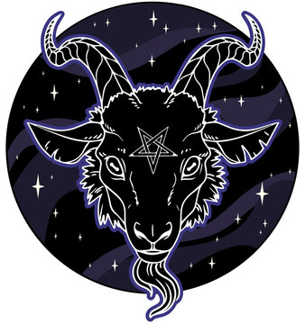 Baphomet head in black circle with stars. Mystical symbol. Vector illustration