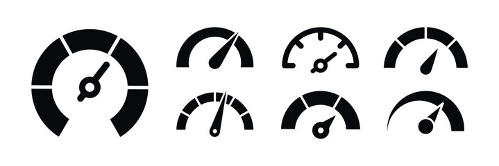 Speedometer icon set. Gauge, dashboard, scale, meter level. Speed indicator sign with arrow. Vector illustration. - obrazy, fototapety, plakaty