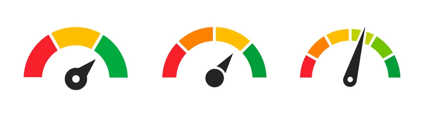 Fotobehang Speedometer icons. Colored scale speedometers. Gauge, dashboard, scale, indicator. Customer satisfaction level meter. Vector illustration. © TMvectorart
