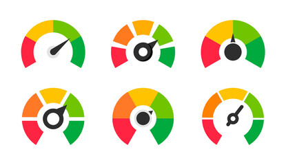 Speedometer icons. Colored scale speedometers. Gauge, dashboard, scale, indicator. Customer satisfaction level meter. Vector illustration.