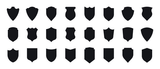 Shield icons set. Different shield shapes. Black shield silhouette. Security sign. Protect symbol. Privacy logos. Vector design template.