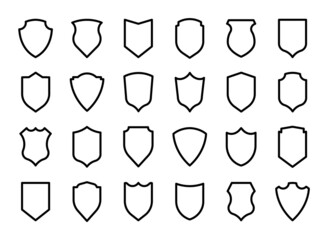 Shield icons set. Different shield shapes. Black shield silhouette. Security sign. Protect symbol. Privacy logos. Vector design template.