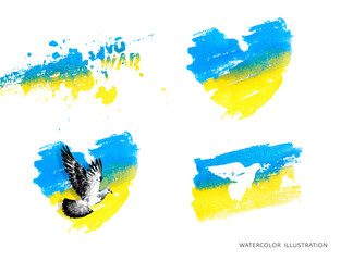 Ukrainian flag shape of dove peace set watercolor isolated on white background. Watercolor abstract painting Ukrainian flag in heart.