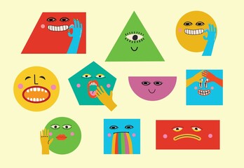 Collection of crazy Abstract comic characters geometric elements and faces. Bright colors Cartoon style. Vector Illustration
