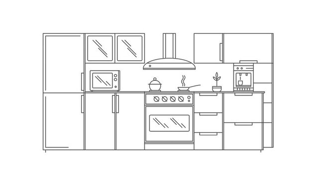 Drawn home kitchen.Food preparation.Modern home furniture.Video animation HD 4K .	