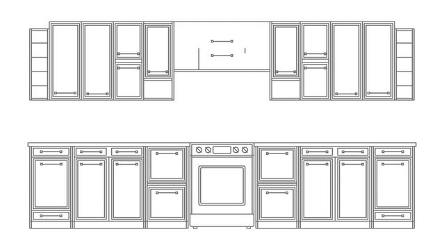 Interior sketch of a kitchen room.Food preparation.Modern home furniture.Video animation HD 4K .