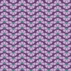 Seamless pattern of lilac fan shaped flower petals on a purple background.
