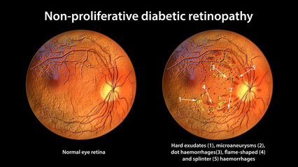 Non-proliferative diabetic retinopathy, 3D illustration