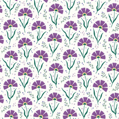 Seamless pattern of purple fan shaped flowers, berry sprigs and tiny lilac flowers on a cream background.
