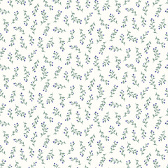 Seamless pattern of teal leafy sprigs with periwinkle blue berries on a cream background.
