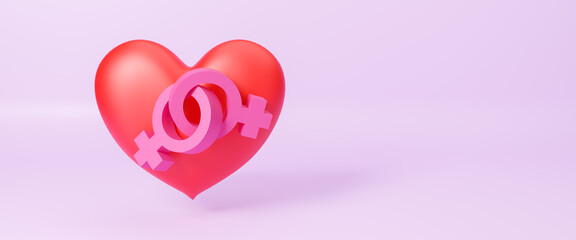 Lesbian or yuri symbol, LGBT lesbian couple love moments happiness concept, lesbian community with heart isolated on pink background, homosexual couple, equal rights, 3d rendering illustration