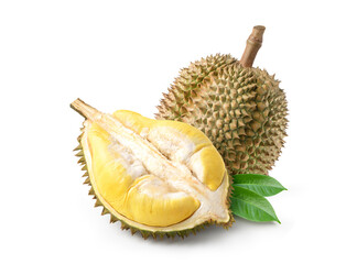 Fototapeta premium Durian fruit with cut in half and leaves isolated on white background.