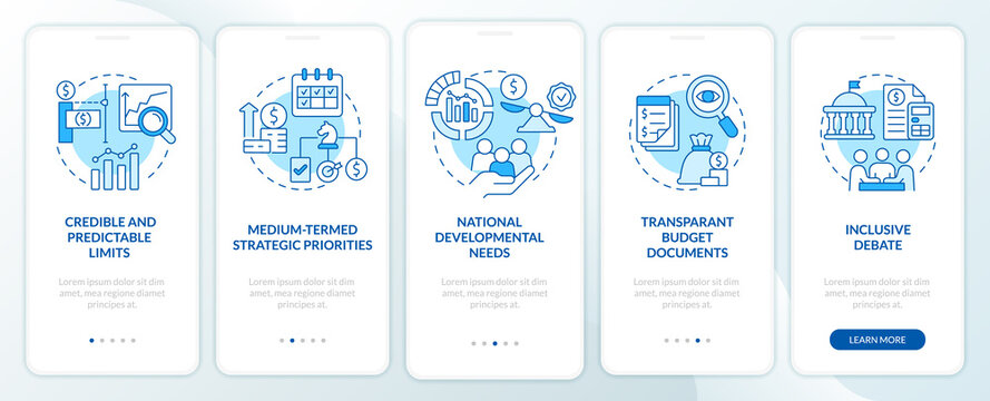 Principles of budget planning blue onboarding mobile app screen. Walkthrough 5 steps graphic instructions pages with linear concepts. UI, UX, GUI template. Myriad Pro-Bold, Regular fonts used