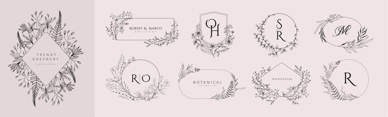 Set of wedding monogram, botanical floral branch and logo. Hand drawn wedding herb, homeplant with elegant leaves. Botanical rustic trendy greenery vector