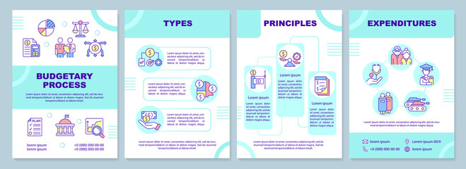 Government budgeting guideline brochure template. Financial plan. Leaflet design with linear icons. 4 vector layouts for presentation, annual reports. Arial-Black, Myriad Pro-Regular fonts used