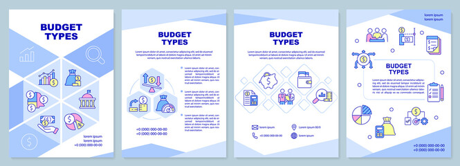 Naklejka premium Budget types brochure template. Financial program and plan. Leaflet design with linear icons. 4 vector layouts for presentation, annual reports. Arial-Black, Myriad Pro-Regular fonts used