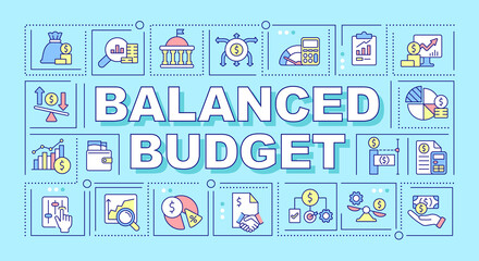 Balanced budget word concepts turquoise banner. Financial planning. Infographics with icons on color background. Isolated typography. Vector illustration with text. Arial-Black font used