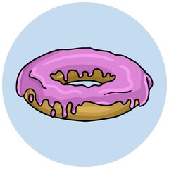 Round delicious donut poured with pink fruit glaze, vector cartoon illustration