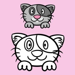 A set of color and monochrome images, Cute gray contented cat with dark spots on the coat, cartoon vector