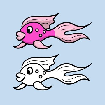 A Set Of Color And Monochrome Images. Beautiful Pink Fish From The Tropical Sea, Aquarium Fish, Cartoon Vector