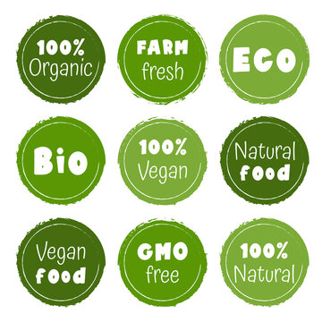 Vector abstract hand drawn watercolor stickers for BIO, ECO, GMO FREE, GLUTEN FREE, VEGAN food. Collection of vegan ,bio, organic food, gluten free, and natural products labels.