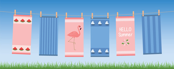 happy summer holiday banner with colorful hanging towels