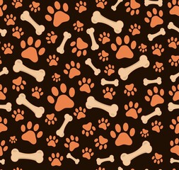Dog paw footprints pattern bone seamless vector illustration