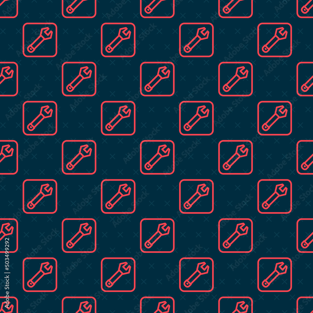 Poster red line wrench spanner icon isolated seamless pattern on black background. spanner repair tool. ser