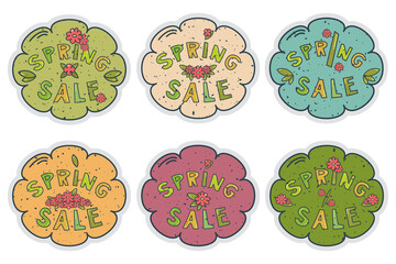 Set of floral spring sale stickers with flower, foliage, plants. Retro frame for banner, flyer, promotion poster, invitation, advertising template. Special offer concept. Vector illustration.