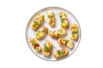 Mini Bruschettas with grilled vegetables (tomatoes, mozarella, sprouts salad). Delicious breakfast or wine snack. White background, close-up, top view