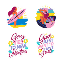 The set of Beach girls with lettering, summer holidays and travel vacations quotes