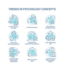 Trends in psychology turquoise concept icons set. Innovation in mental health improving idea thin line color illustrations. Isolated symbols. Editable stroke. Roboto-Medium, Myriad Pro-Bold fonts used