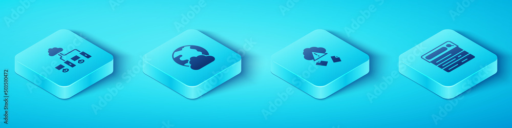 Poster set isometric computer network, social, search engine and cloud hacking icon. vector