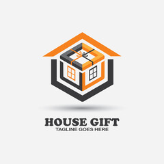house illustration logo with gift box concept