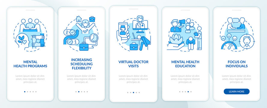 Mental Health Trends At Work Blue Onboarding Mobile App Screen. Therapy Walkthrough 5 Steps Graphic Instructions Pages With Linear Concepts. UI, UX, GUI Template. Myriad Pro-Bold, Regular Fonts Used