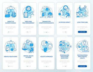 Trends in psychology blue onboarding mobile app screen set. Mental health walkthrough 5 steps graphic instructions pages with linear concepts. UI, UX, GUI template. Myriad Pro-Bold, Regular fonts used