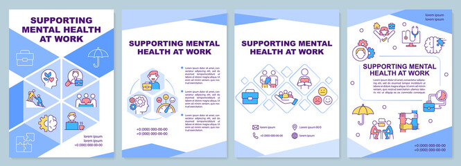 Fototapeta Supporting mental health at work blue brochure template. Keep balance. Leaflet design with linear icons. 4 vector layouts for presentation, annual reports. Arial-Black, Myriad Pro-Regular fonts used obraz