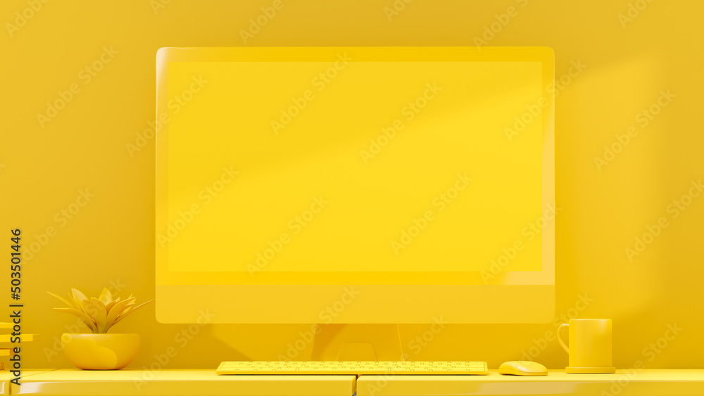Poster yellow computer monitor empty display is placed on the desk. minimal idea concept, 3d render