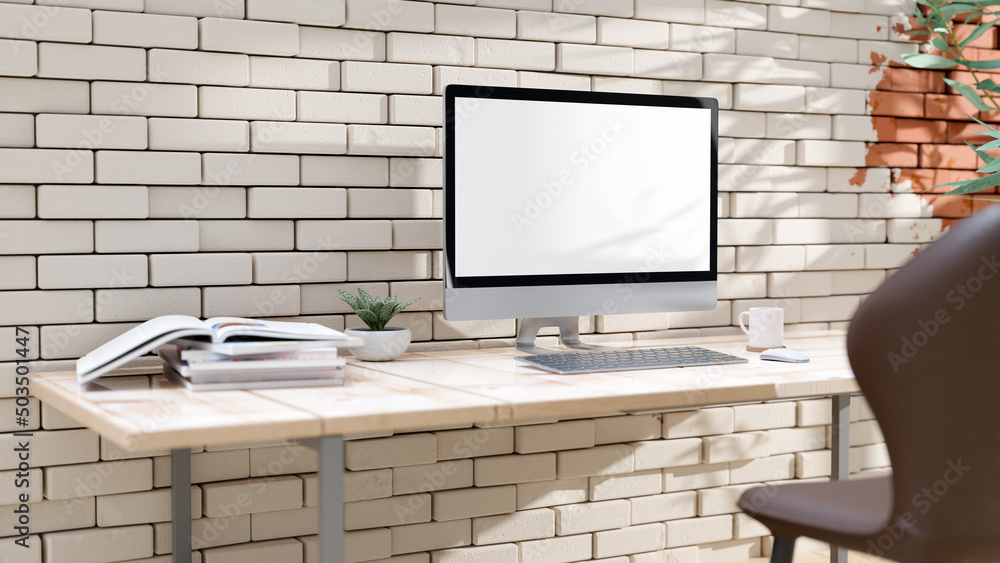 Aufkleber empty desktop computer with decoration and space for banner and logo. mock-up minimal idea concept, 