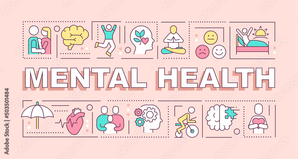 Poster mental health word concepts pink banner. psychologist support. infographics with icons on color back